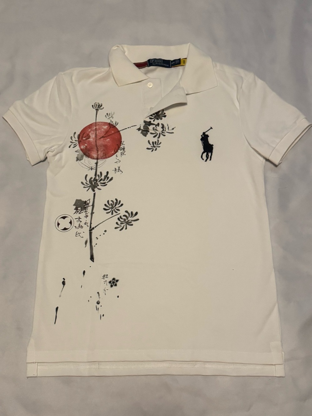 Polo by Ralph Lauren White Polo with Red Sun and Black Floral Graphic